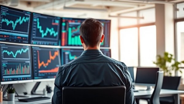 Professional analyzing stock data on multiple screens in a bright office.