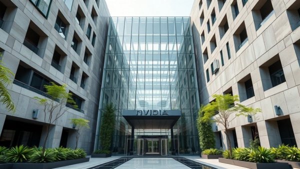 Should you buy the dip in Nvidia stock: Modern Nvidia building entrance with logo.