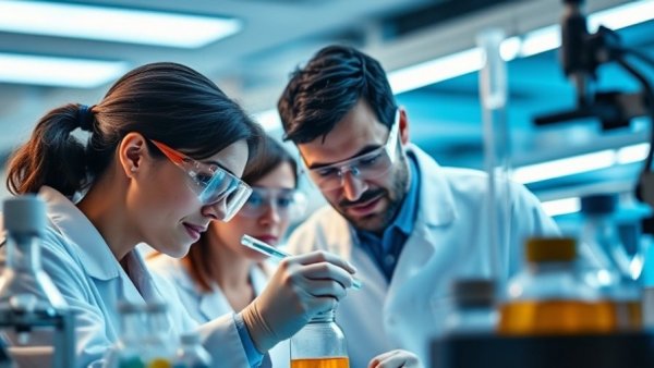 Researchers analyzing samples in modern lab, Stock Market Insights.