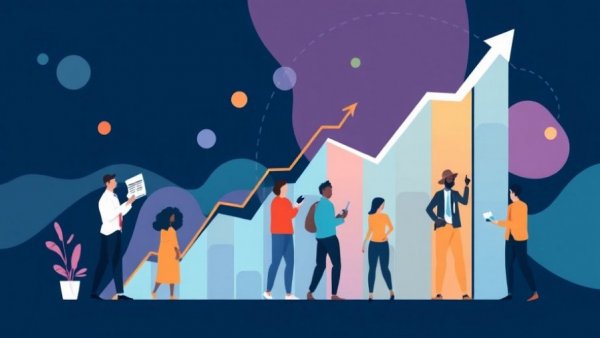 Abstract illustration of financial analysis with graph and professionals.