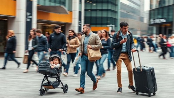 Urban pedestrians depict E-shaped economy dynamics on city street.