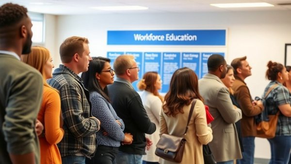 People queuing at workforce center, low layoffs and unemployment for SMBs.