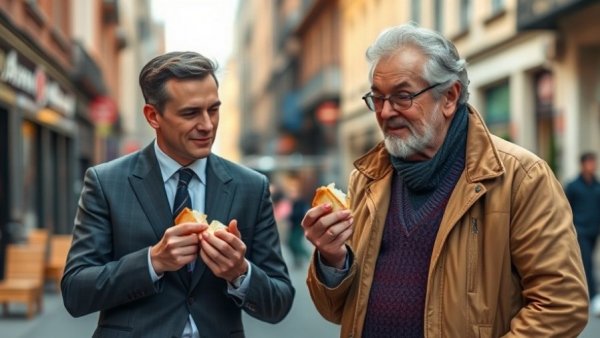 Two men from different walks of life sharing a meal, relating to financial literacy improvement.