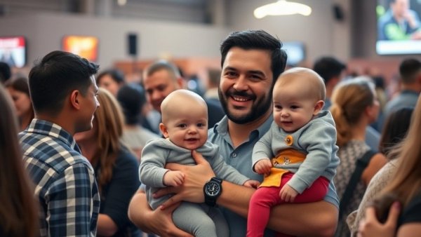 Impact of Remote Work on Birth Rate: crowd at event with man holding babies.