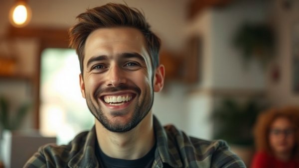 Smiling man in warm indoor setting, friendly expression.
