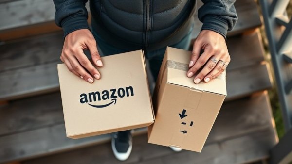 Person holding Amazon packages on steps, Bluetooth speaker deal.