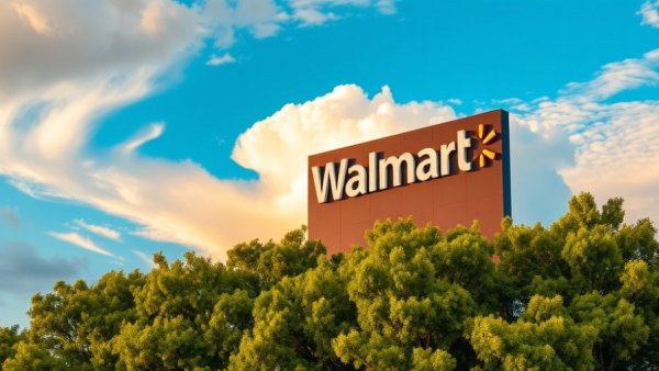 Walmart sign under dramatic sky, trees below.