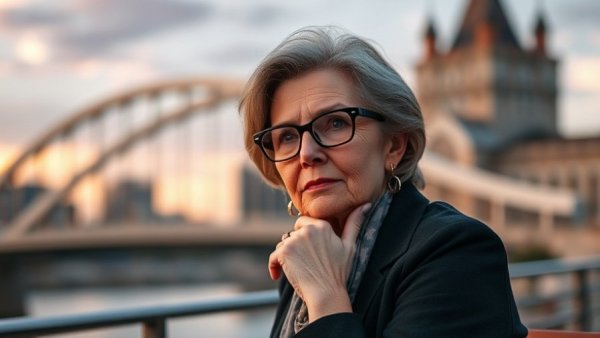Mature woman in front of blurred architecture, ARKK investments.