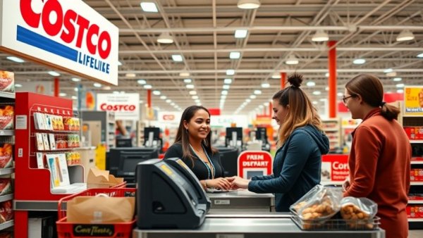 Costco checkout scene illustrating Costco's $20 rule with attentive cashier.