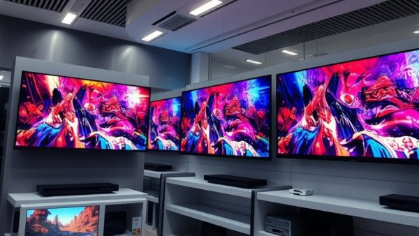 Modern TVs in electronics store with vivid displays and vibrant colors.