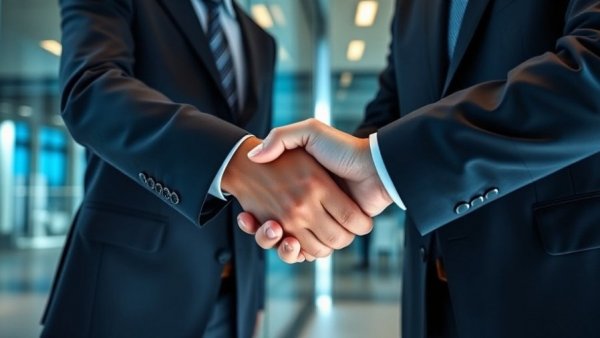 Business agreement handshake with corporate branding in stock market insights context.