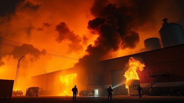 Firefighters tackling warehouse blaze, depicting Wagner Group European sabotage operations.