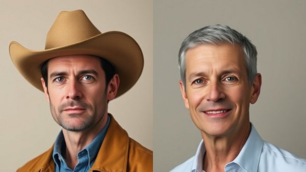 Corporate Ethics in Business: contrasting expressions, split portrait.