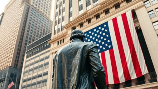 Stock market closed on Presidents Day, flag at stock exchange.