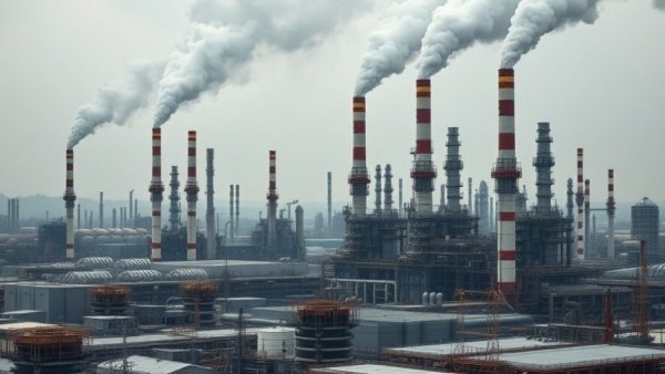 Expansive oil refinery with smokestacks illustrating Big Oil growth plans.