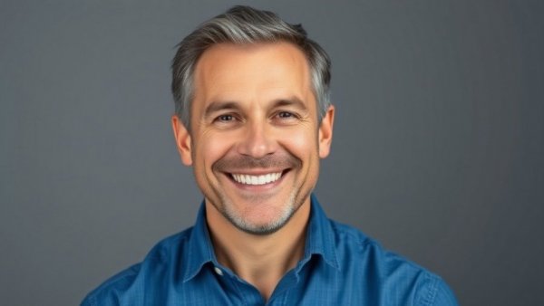 Confident man in a blue shirt smiles warmly, AI in Business Innovation theme.