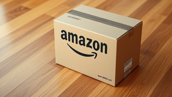 Amazon delivery box on wooden floor, detailed view.
