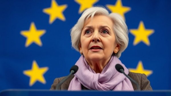 Confident elderly woman speaks in front of EU flag, Lagarde's departure from the ECB.