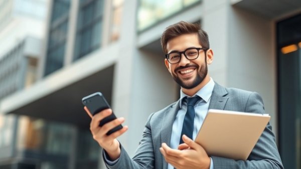 Confident businessman celebrating success outdoors, the future of work.