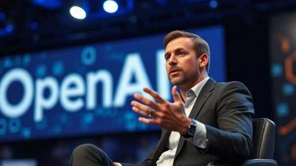 OpenAI presentation with speaker gesturing on stage, digital backdrop.