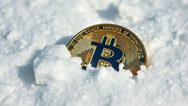 Bitcoin partially hidden in snow symbolizing resilience under geopolitical tensions.