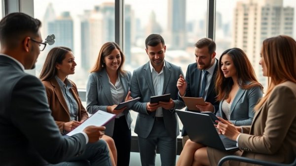 Professionals discussing customer retention strategies in modern office.