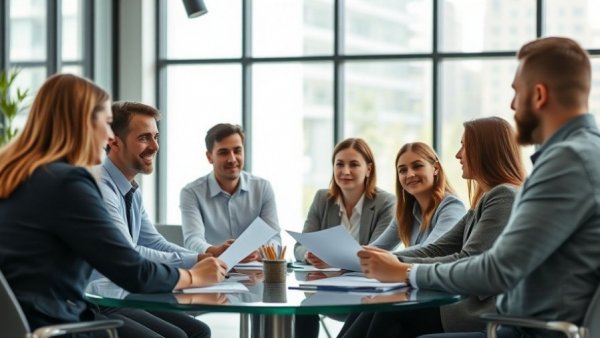 Business team discussing payroll services in modern office setting.