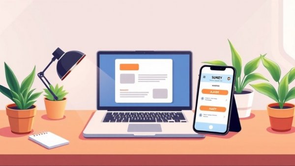 Digital workspace featuring online customer satisfaction survey tools, including a laptop and smartphone.