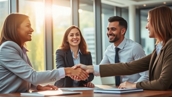 Advisors meeting and shaking hands in modern office.