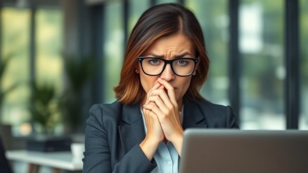 Concerned woman at desk reacts to small business compliance errors.