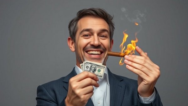 Businessman burns money lighting cigar, illustrating business model analysis.