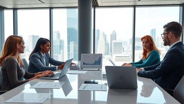 Business team discussing HR compliance strategies with charts and laptops.