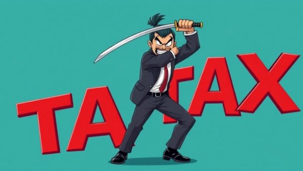 2026 Tax Planning for Business Owners: Businessperson slicing TAX letters, cartoon.