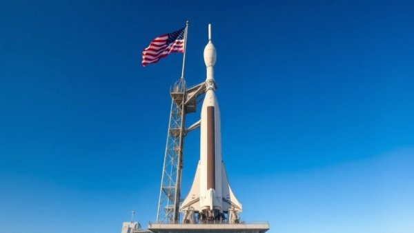 NASA's Artemis rocket and flag on launch pad for moon mission.