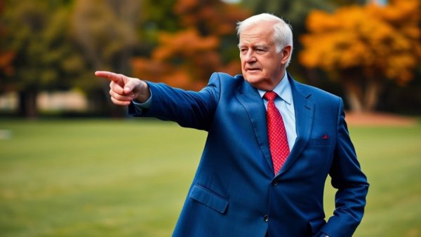 Influential figure pointing forward on a green lawn, symbolizing corporate influence in stock market.