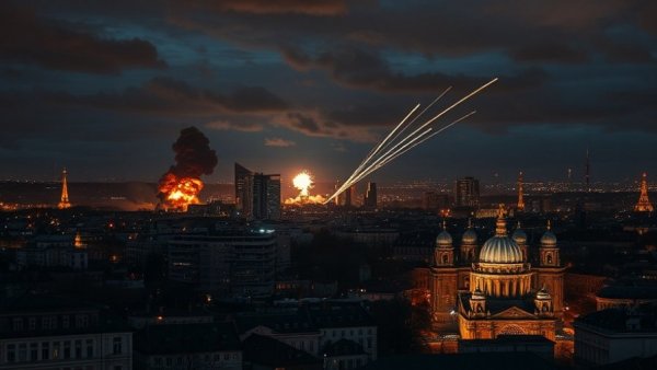Dramatic cityscape of Kyiv under attack at night with explosions.