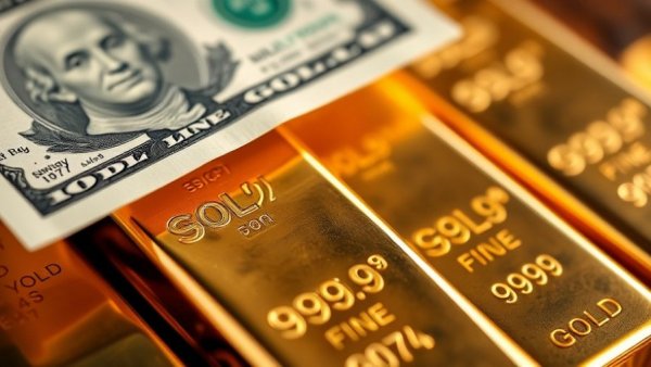 Gold bars with a dollar bill; Gold Prices Surge Amid Trump Tariffs theme.