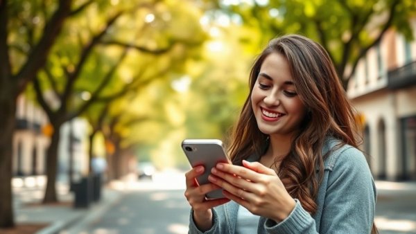 Young woman job hunting on Tinder via smartphone in a sunny city.