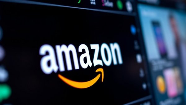 Amazon logo close-up on screen in vibrant colors.