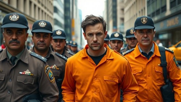 Law enforcement scene with officers and suspect in an urban setting.