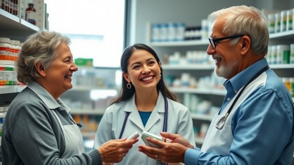 Pharmacist talking to customer about medication in pharmacy, Investing in Regeneron Stock concept.