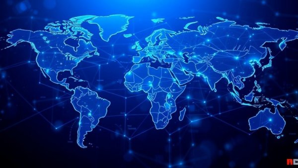 Abstract world map showing interconnected global trade routes and icons.