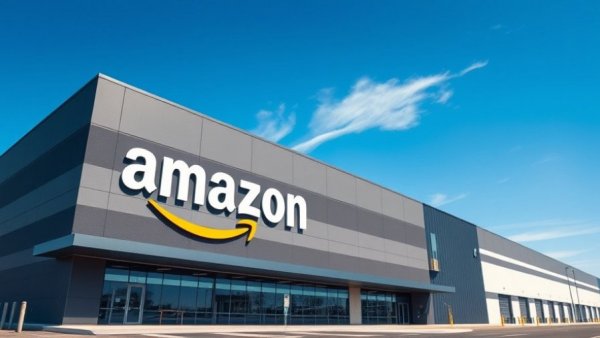Modern Amazon warehouse building against blue sky, contemporary design.
