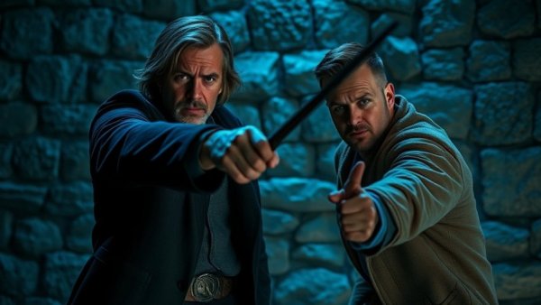 Dramatic scene with two characters and wand in blue light, related to Warner Bros.