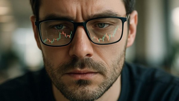 Man analyzing stock data reflecting in glasses, AI stock investment strategies.