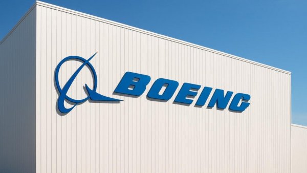 Boeing logo on a white building symbolizing industrial prowess.