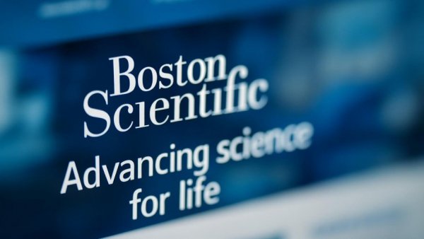 Boston Scientific logo displayed on digital screen, signifying stock performance context.