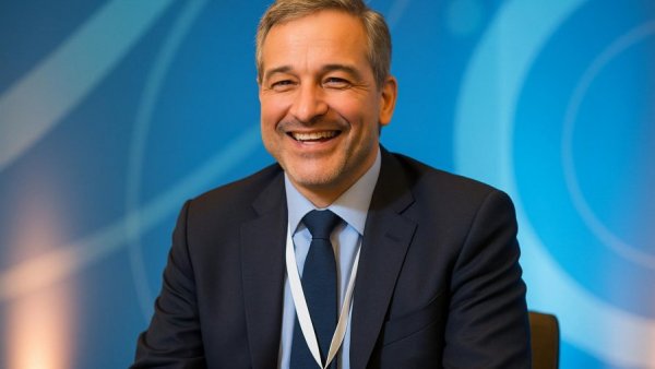 AI impact on large IT firms conference attendee smiling in discussion.