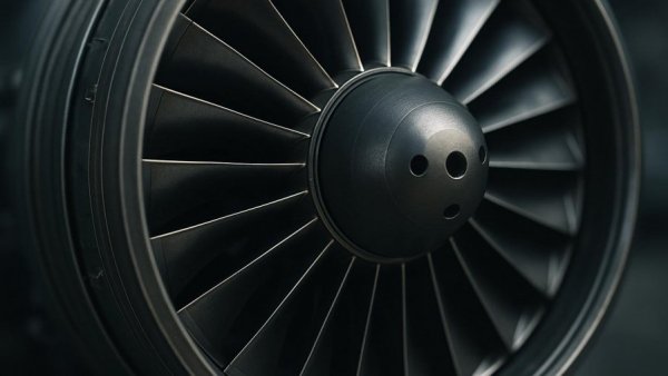Close-up of a jet engine turbine highlighting mechanical precision.