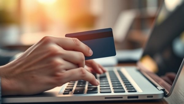Close-up hands with a prepaid card on a laptop for best business prepaid cards 2026.